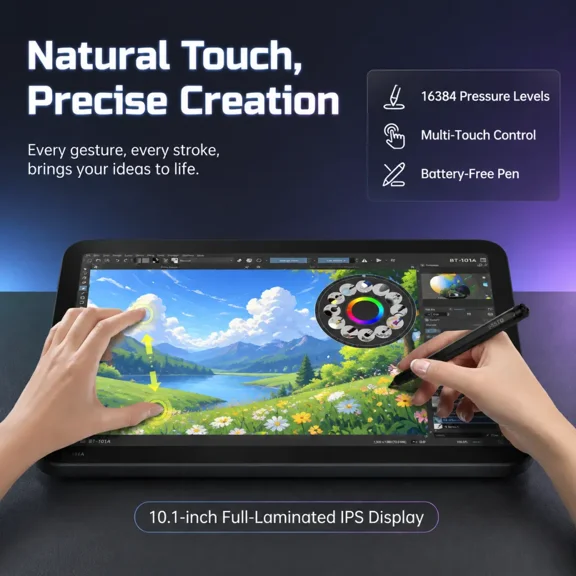 Riwcyla 10.1" IPS Full-Laminated Drawing Pen Display, Drawing Tablet ,16384 Pressure Battery-Free Stylus & Multi-Touch, 7mm Ultra-Slim USB-C Graphics Tablet for Digital Art Illustration Design