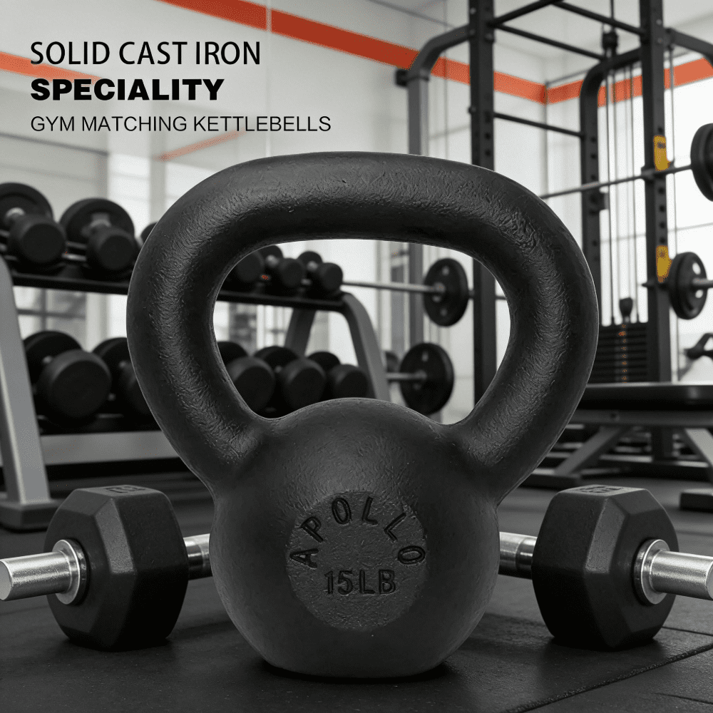 Riwcyla 15LB Solid Cast Iron Kettlebell, Flat Base Powder Coated Weight for Home Gym Strength Training