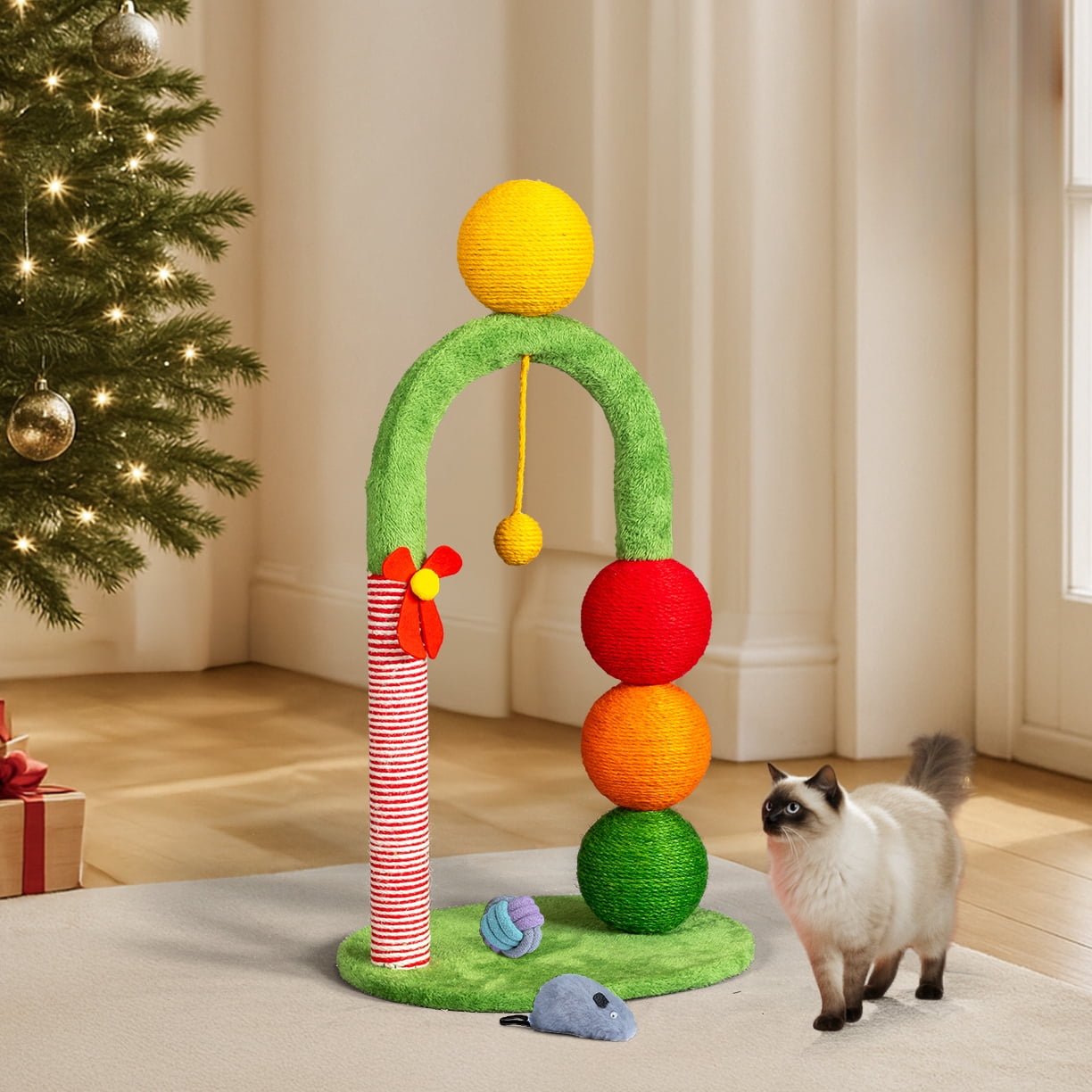 Riwcyla 29in Cat Tree Tower with Sisal Scratcher Balls, Cute Holiday Scratching Post with Danging Ball for Indoor Cats