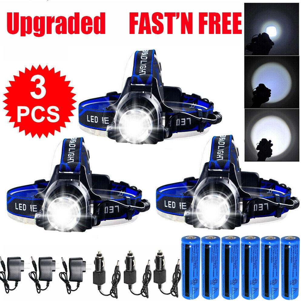 Riwcyla 3-Pack Rechargeable LED Headlamp, 3 Modes Zoomable Waterproof Headlight, Includes 18650 Batteries & Chargers for Camping Hiking Emergency