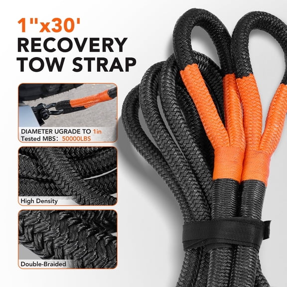 Riwcyla Kinetic Recovery Tow Rope Heavy Duty Offroad Snatch Strap 1" x 30FT 50000LBS with Two Soft Shackles Heavy Duty Off Road Snatch Strap
