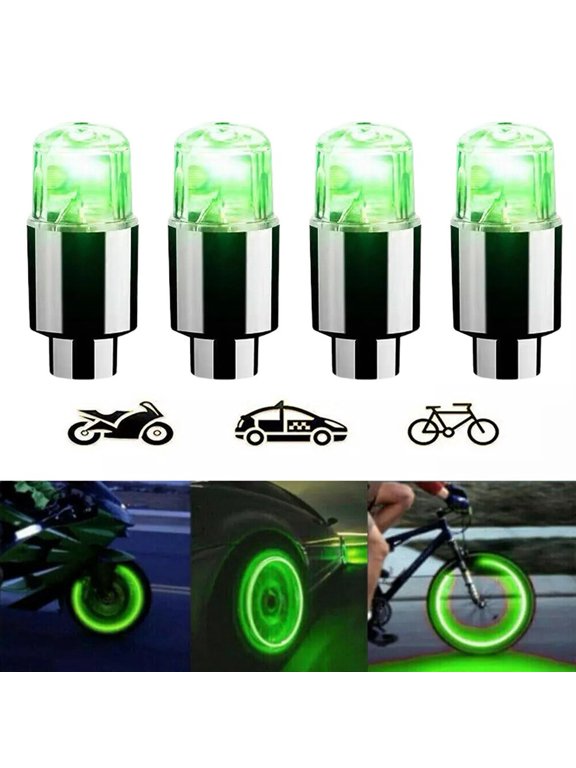 Automatic Sensor LED Wheel Lights 4 Pack for Cars Motorcycles and Bikes Tire Valve Stem Caps with Vibration Activation and Waterproof Construction