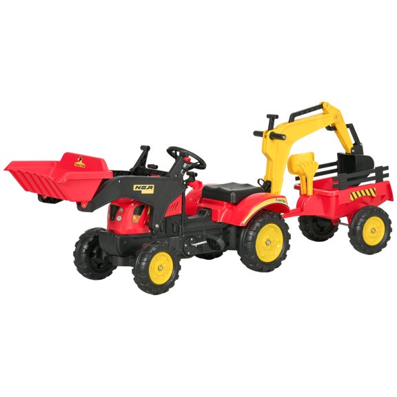Riwcyla Kids Ride On Bulldozer Excavator, 6 Wheel Pedal Construction Toy with Movable Front Dipper, Detachable Trailer Toy for Sand and Backyard Play, Ages 3-6