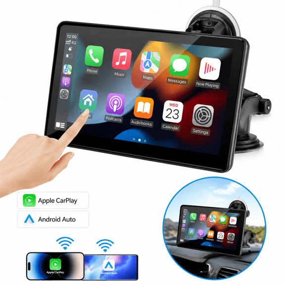 Rixvaxt 7-Inch Portable Smart Car Display for Cars, Wireless Android Auto & Apple CarPlay Touchscreen Screen, Bluetooth Car Audio Receiver, Mirror Link, FM Transmitter, Voice Control