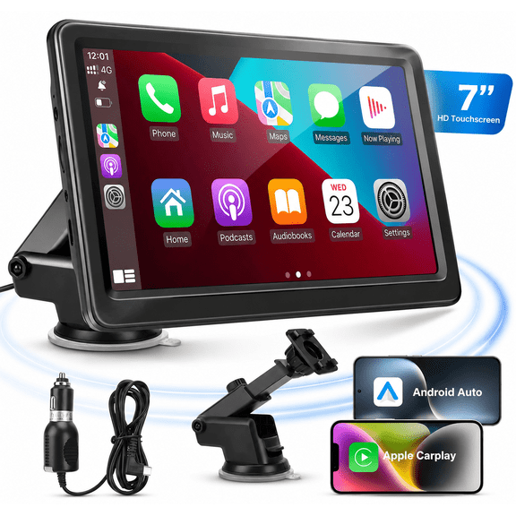 Rixvaxt 7-Inch Portable Car Display, HD Touchscreen Stereo Upgrade with Apple CarPlay & Android Auto, GPS Navigation, Voice Control and Bluetooth Audio