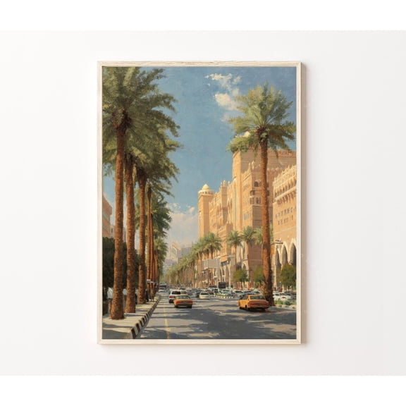 Riyadh Saudi Arabia Palm Lined City Boulevard Wall Art, Unframed Paper Poster 8x10in