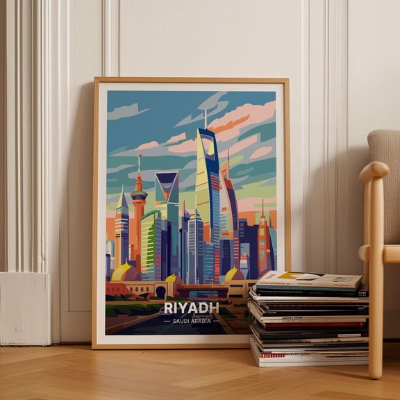 Riyadh Skyline Travel Poster, Saudi Arabia Cityscape Art, Mid-Century Modern Decor, Eclectic Home Office Wall Art Wall Art, Modern Wall Decor, 8x12 UNFRAMED