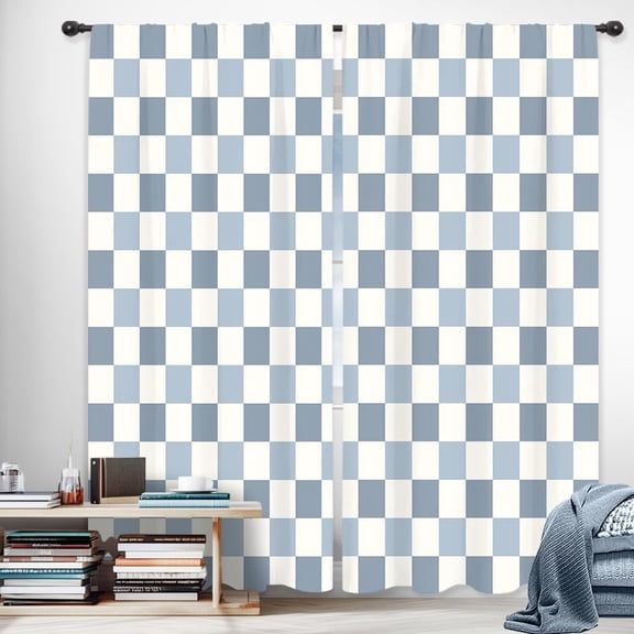 Riyidecor Blue Beige Checkered Curtains Y2K Abstract 2000s 70s Hippie Groovy Cute Retro Aesthetic Rod Pocket Vintage Fashionable Modern Bedroom Living Room Treatment Fabric 2 Panels 52Wx84H Inch