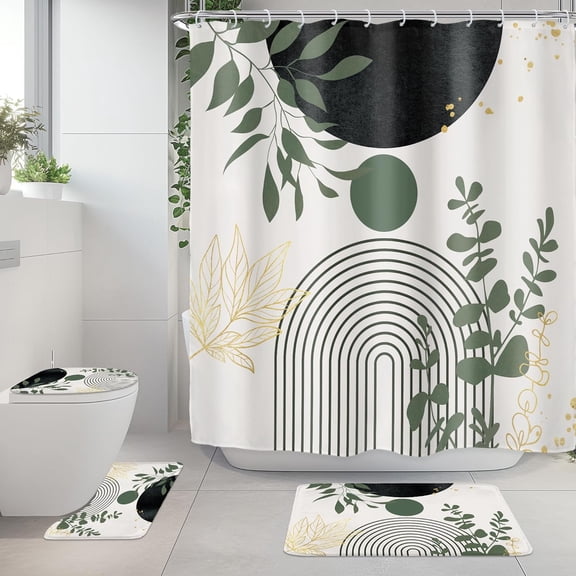 Riyidecor Boho Dark Green 4Pcs Bathroom Shower Curtain Sets Mid Century Abstract Modern Minimalist Bathroom Decor Set with Rugs and Accessories Leaf Toilet Lid Rug, Contour and Bath Mat with 12 Hooks