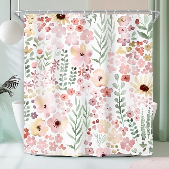 Riyidecor Cute Pink Green Floral Shower Curtain for Bathroom Decor 72Wx72H Spring Boho Kids Girls Girly Watercolor Wildflower Leaves Art Printed Fabric Polyester Waterproof 12 Pack Plastic Hooks