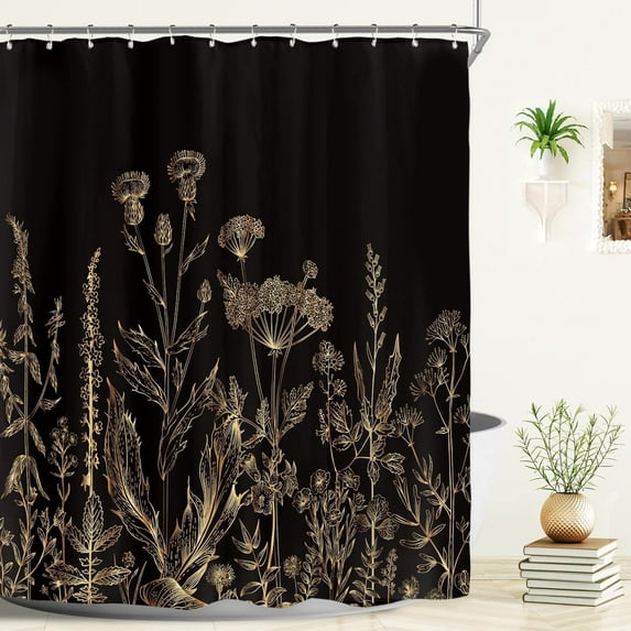 Riyidecor Extra Long 72Wx84H Shower Curtain for Bathroom Decor Black Gold Dark Floral Wildflower Vintage Botanical Rustic Farmhouse Plant Art Printed Fabric Polyester Waterproof 12 Pack Plastic Hooks