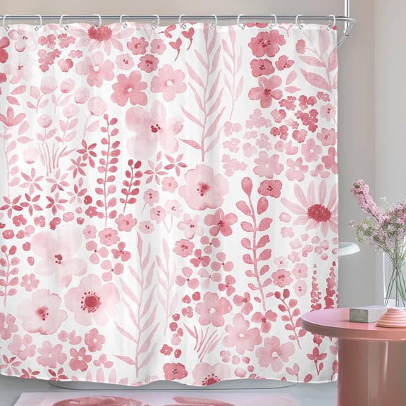 Riyidecor Pink Floral Shower Curtain for Bathroom Decor 72Wx72H Wildflower Watercolor Boho Flower Leaves Botanical Modern Elegant Girls Art Printed Fabric Polyester Waterproof 12 Pack Plastic Hooks