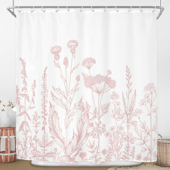 Riyidecor Pink Floral Wildflower Shower Curtain for Bathroom Decor 72Wx72H Girls Rustic Flower Botanical Farm Plant Leaves Herbs Nature Art Printed Fabric Polyester Waterproof 12 Pack Plastic Hooks