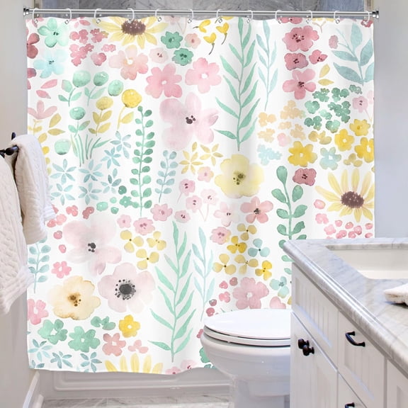 Riyidecor Sage Green Floral Shower Curtain for Bathroom Decor 72Wx72H Cute Boho Watercolor Plants Spring Girly Women Colorful Art Printed Fabric Polyester Waterproof 12 Pack Plastic Hook