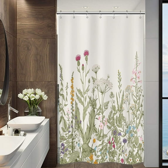 Riyidecor Stall Wildflower Small Half Shower Curtain 36Wx72H Inch Farmhouse Flower Botanical Floral Plant Herbs Vintage Decor Bathroom Windows Fabric Polyester Waterproof 7 Pack Plastic Hooks