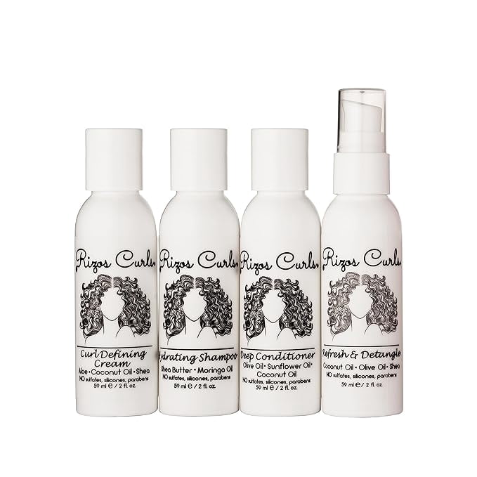 Rizos Curls 4-Step Travel Kit for Curly Hair: Curl Defining Cream, Shampoo, Conditioner, Refresh & Detangle (2 fl oz each)