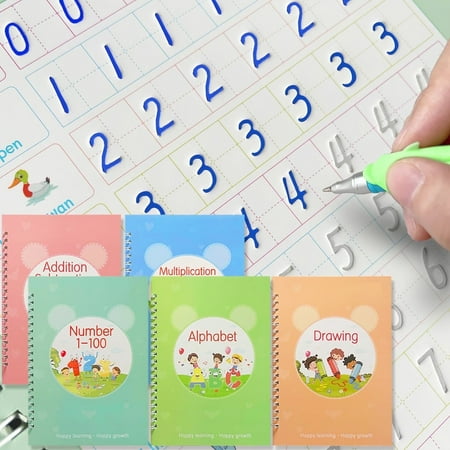 Rizulfey Magic Groove Handwriting Copybook, Reusable A5 Learning Notebook for Kids, 5 Books with 2 Pens