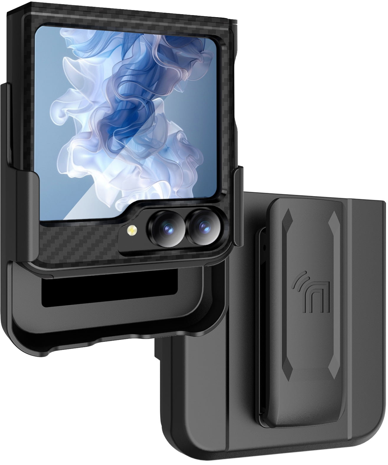 Rizz Case and Belt Clip Combo for Samsung Galaxy Z Flip 6 Phone, Nakedcellphone Rugged Hybrid Cover [with Hidden Hinge Panel Protection] and Holster Holder for Z Flip6  - Black Carbon Fiber Design