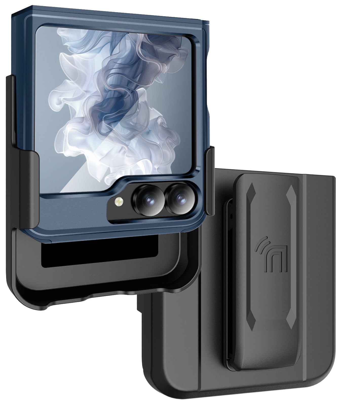 Rizz Case and Belt Clip Combo for Samsung Galaxy Z Flip 6 Phone, Nakedcellphone Rugged Hybrid Cover [with Hidden Hinge Panel Protection] and Rotating Holster Holder for Z Flip6  - Navy Blue