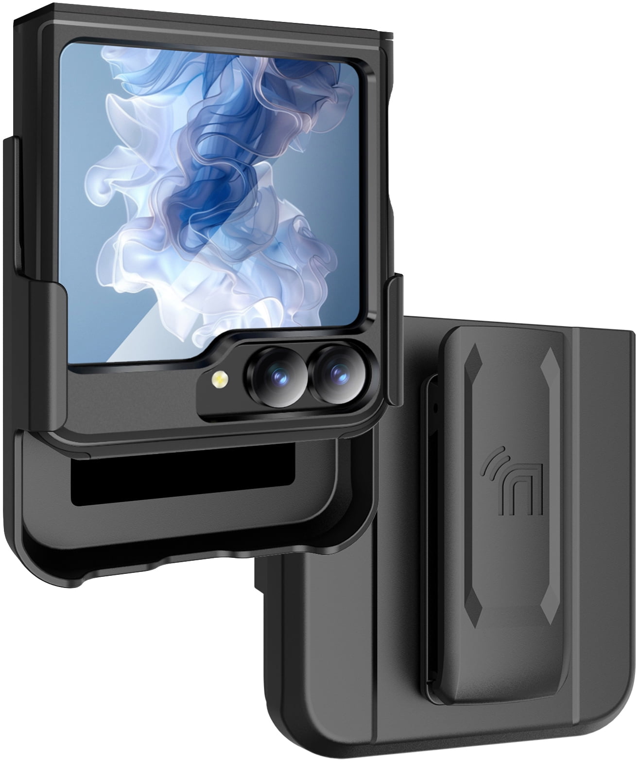 Rizz Case and Belt Clip Combo for Samsung Galaxy Z Flip 6 Phone, Nakedcellphone Rugged Hybrid Cover [with Hidden Hinge Panel Protection] and Rotating Holster Holder for Z Flip6 - Black