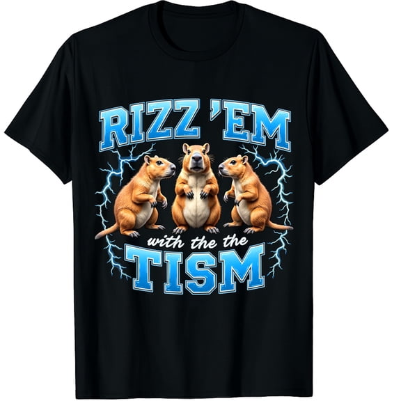 Rizz 'Em With The 'Tism Autism Awareness Funny Meme Capybara Graphic Crew Neck Short Sleeve T-Shirts (Men's, Women's)