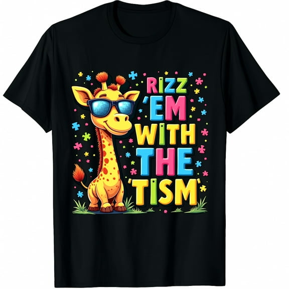Rizz 'Em With The 'Tism Autistic Giraffe Autism Awareness Graphic Black T-Shirt for Men and Women