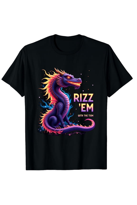 Rizz Em With The Tism Autistic Humor Autism Meme Dragon Graphic Crew Neck Short Sleeve T-Shirts (Men's, Women's)