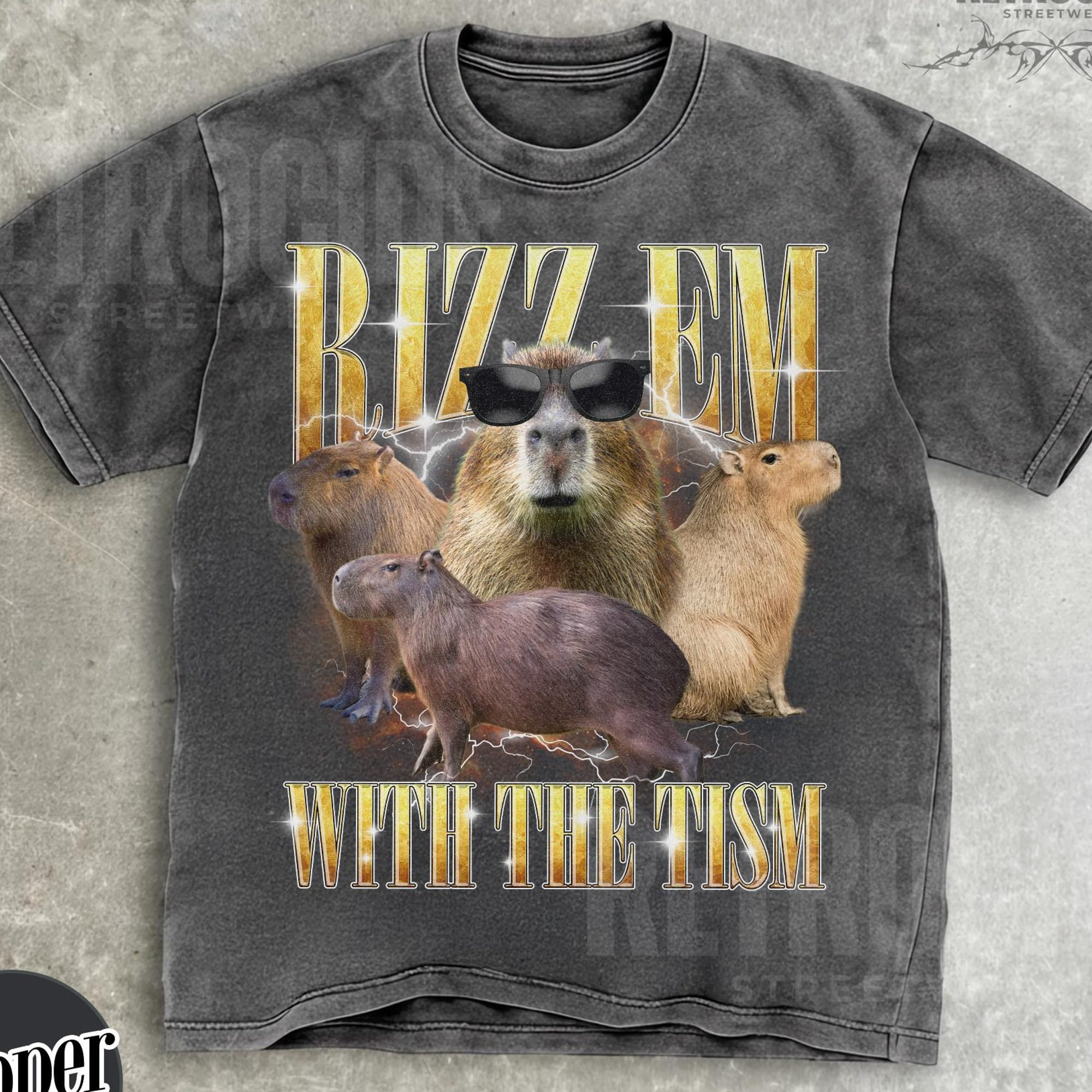 Rizz Em With The Tism Capybara Graphic Shirt Retro 90s Capybara Rizz ...