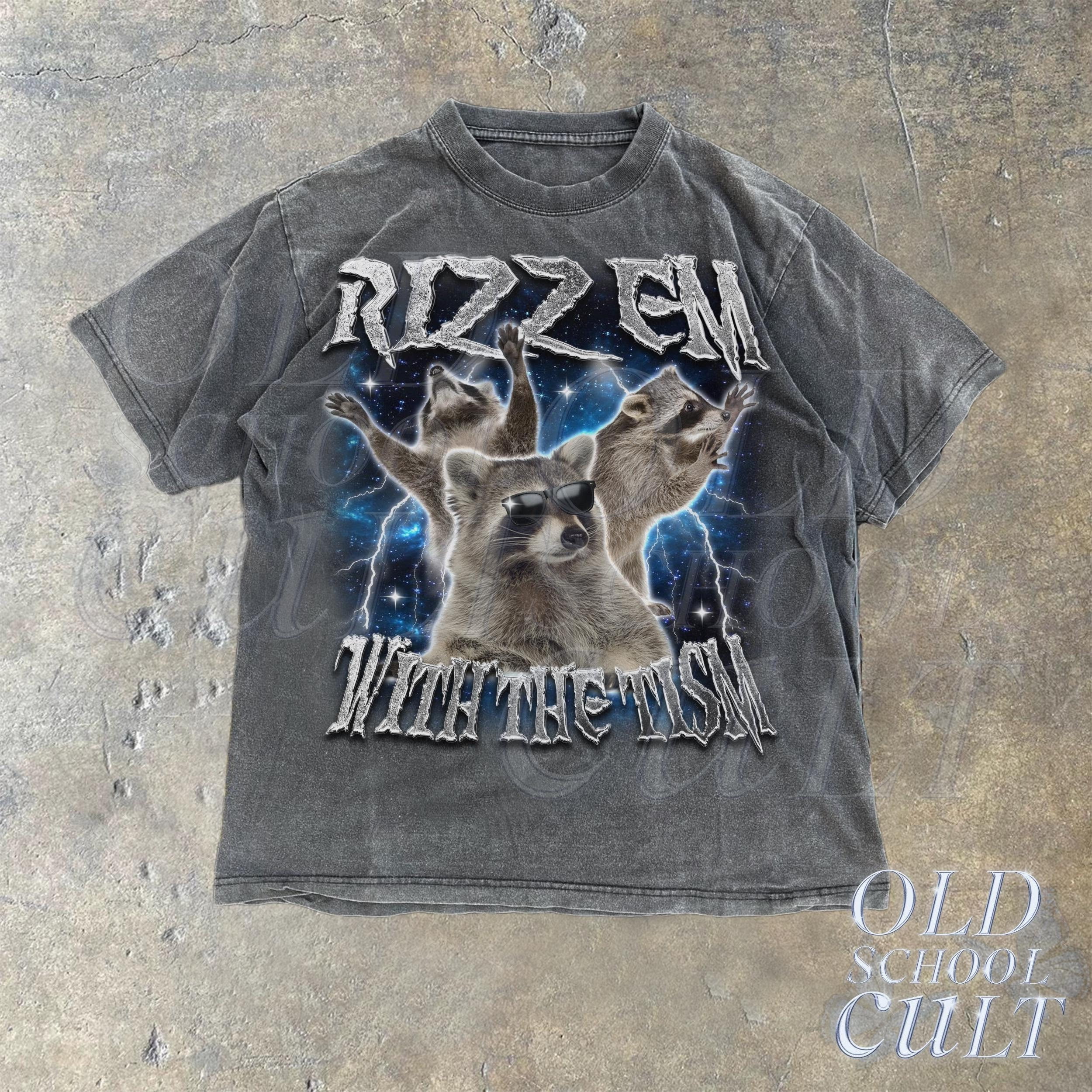 Rizz Em With The Tism Raccoon Graphic Shirt, Retro 90s Raccoon Rizz ...