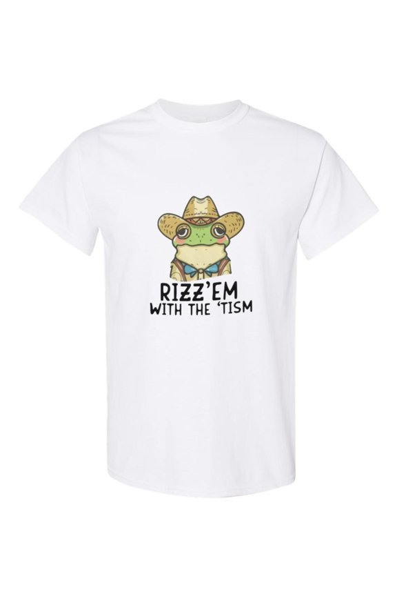 Rizz Em With The Tism T-Shirt Unisex Jokey Meme Graphic Design, for men & women, up to size 5XL