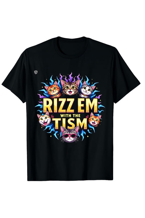 Rizz Em with The Tism Cat Memes Funny Kitten Rizz Up Power Graphic Black T-Shirt for Men and Women