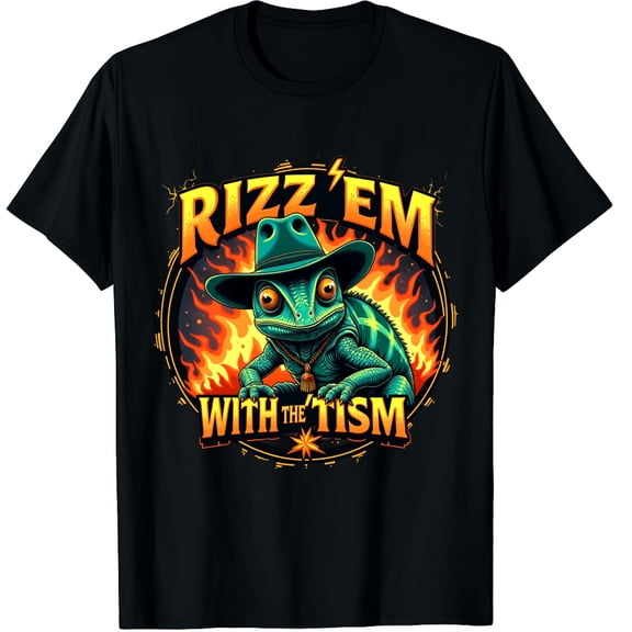 Rizz Em with The Tism Cowboy Chameleon Y2K Bootleg Graphic Crew Neck Short Sleeve T-Shirts (Men's, Women's)
