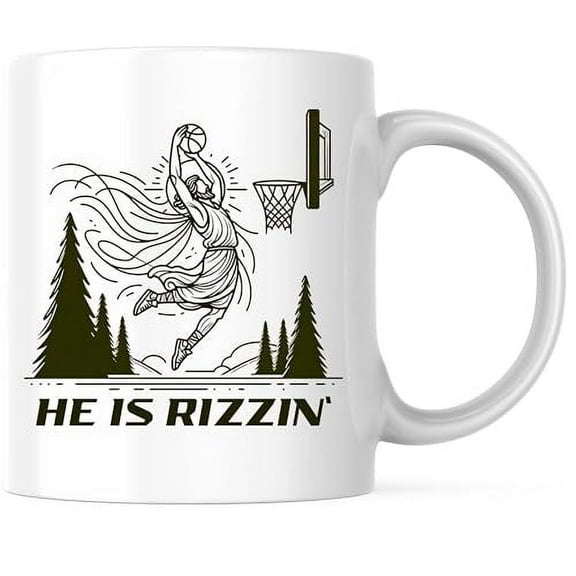 He Is Rizzin' Coffee Mug - Funny Jesus Christ Meme - Jesus Dunking Basketball - 11 Ounce Coffee Mug - Printed On Both Sides - Microwave & Dishwasher Safe - White Handle & Interior - BMCM00655