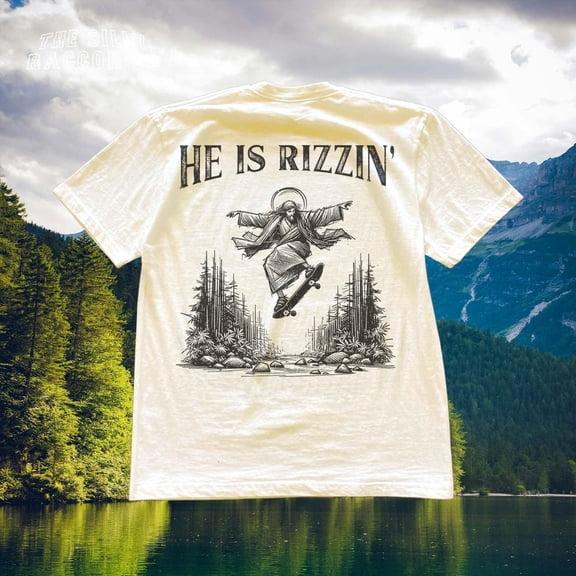 He Is Rizzin Shirt, Funny Jesus Skateboarding Tee, Vintage Christian Gift Men Women, Ironic Tee, Gift SAND Unisex S-5XL Hot Trending Shirt, Vintage Birthday Gift