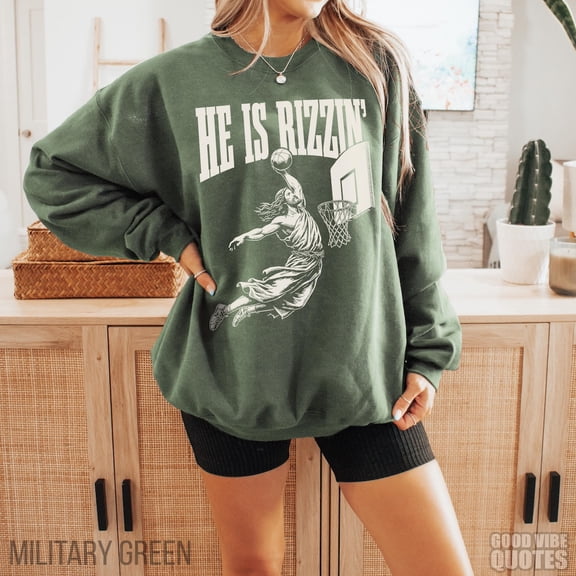 He Is Rizzin Sweatshirt, Sweatshirt of Jesus Playing Basketball, Vintage Faith Sweater, Unisex Basketball Sweatshirt, Jesus Sweater Tshirt All Size S-5XL