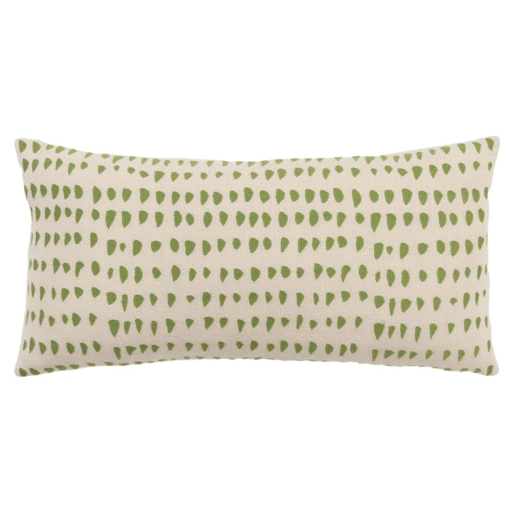 Ivory and Green Embroidered Cotton Lumbar Pillow 14"x26"