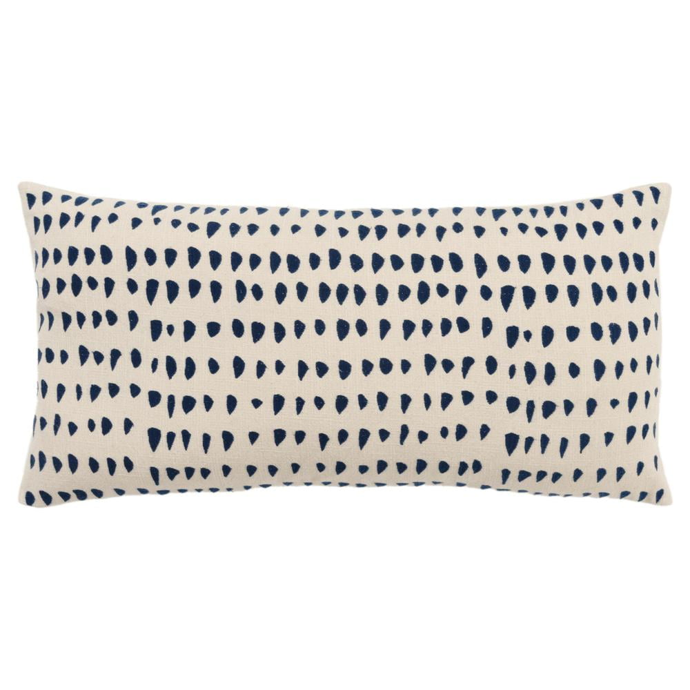Ivory and Navy Blue Rectangular Embroidered Cotton Pillow