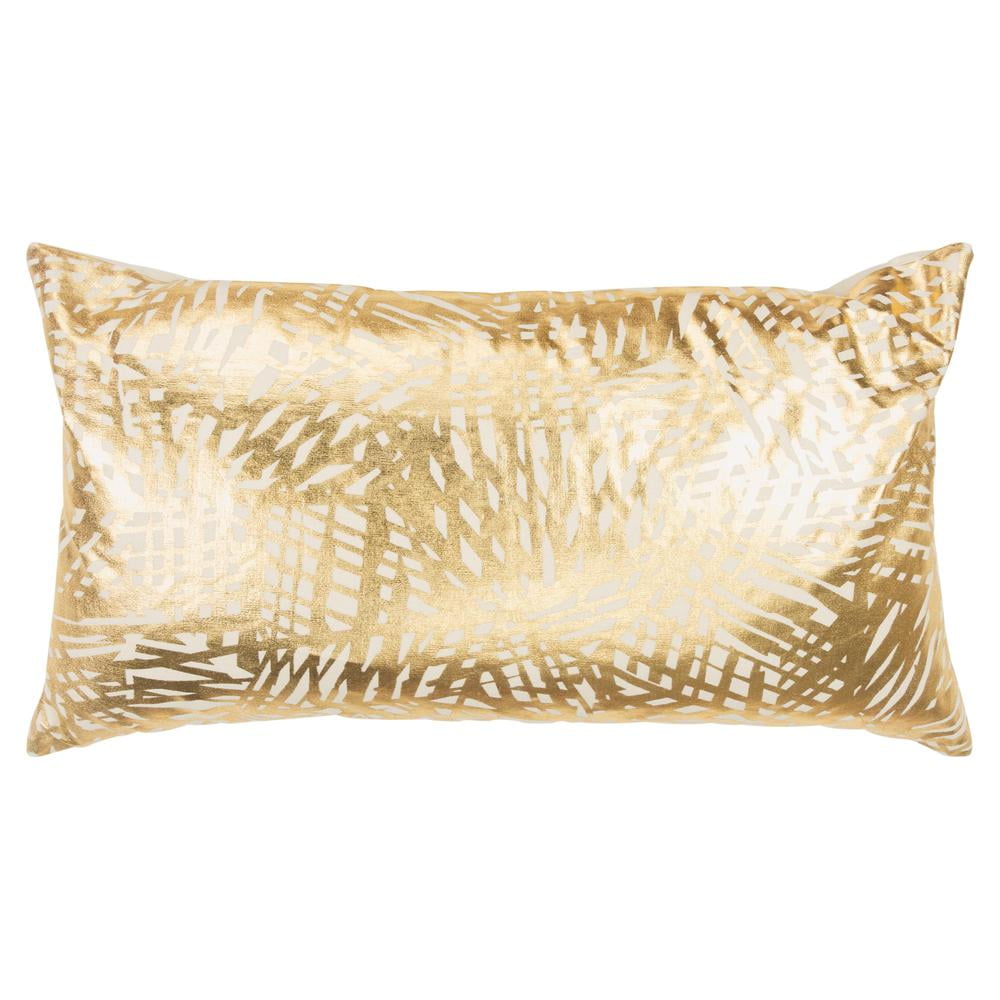 Gold and White Cotton Lumbar Pillow with Etched Pattern