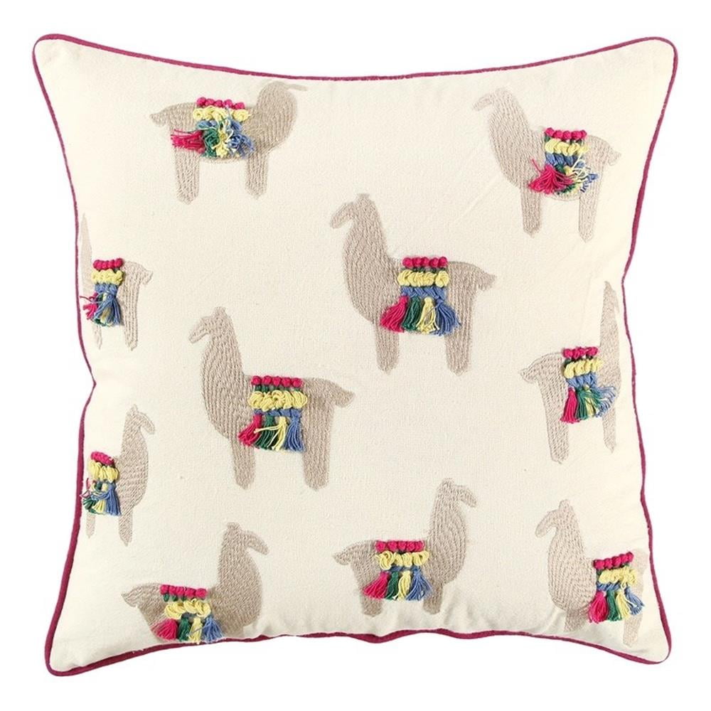 Ivory and Multicolor Embroidered Llama Cotton Pillow Cover 18" x 18"