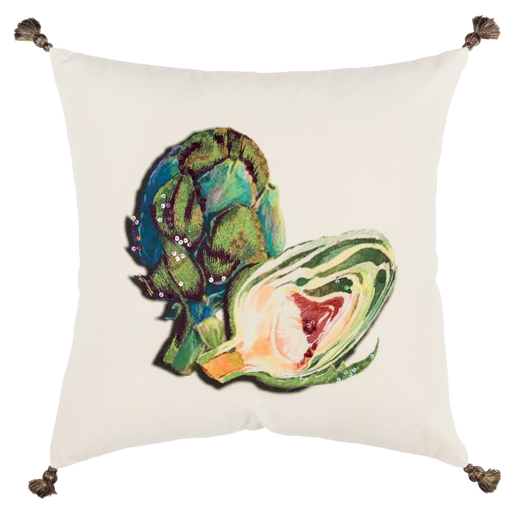 20" x 20" Green Artichoke Embroidered Cotton Pillow Cover
