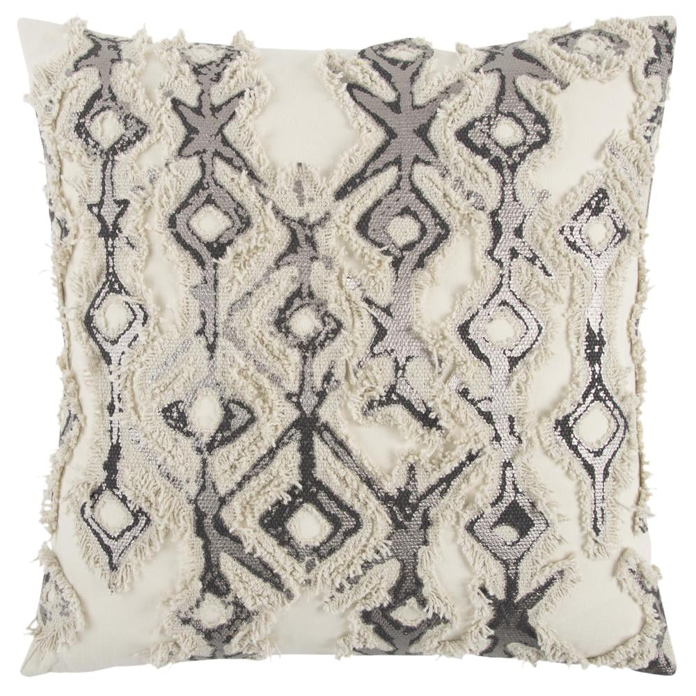 Ivory and Silver Geometric Cotton Throw Pillow with Frayed Edges