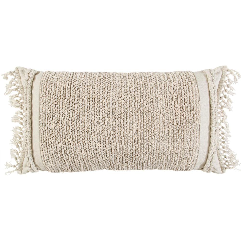 Natural Cotton Rectangular Throw Pillow with Fringe and Braided Accents