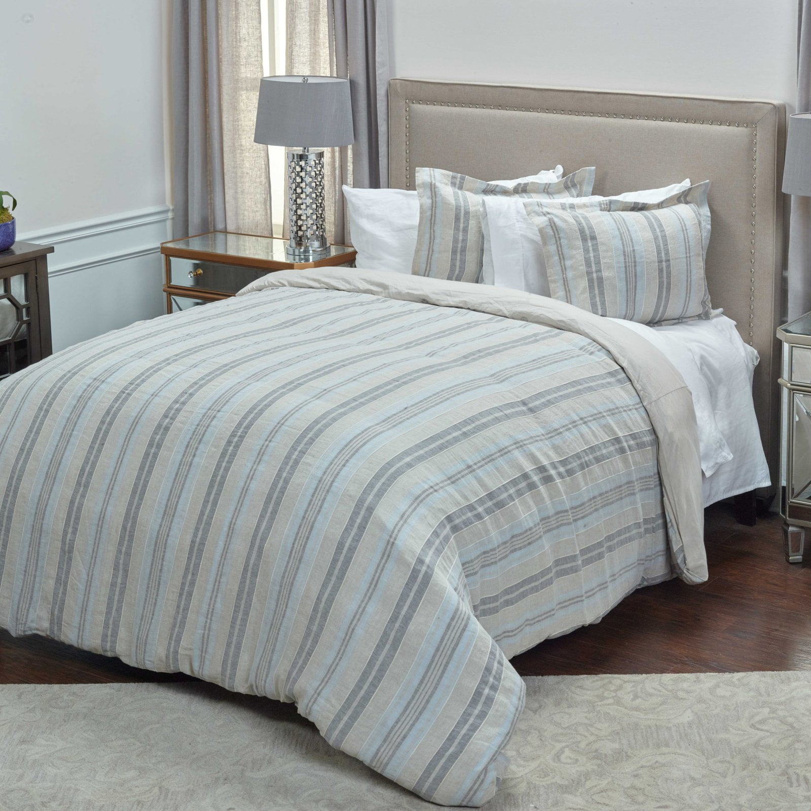 Terrance Queen Light Gray and Blue Linen Duvet Cover Set