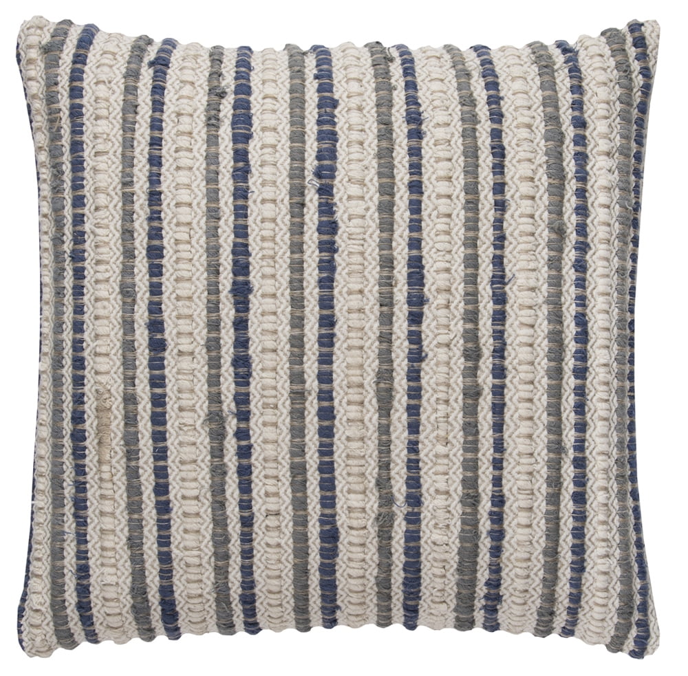 Blue and Natural Cotton Linen Square Throw Pillow, 20" x 20"