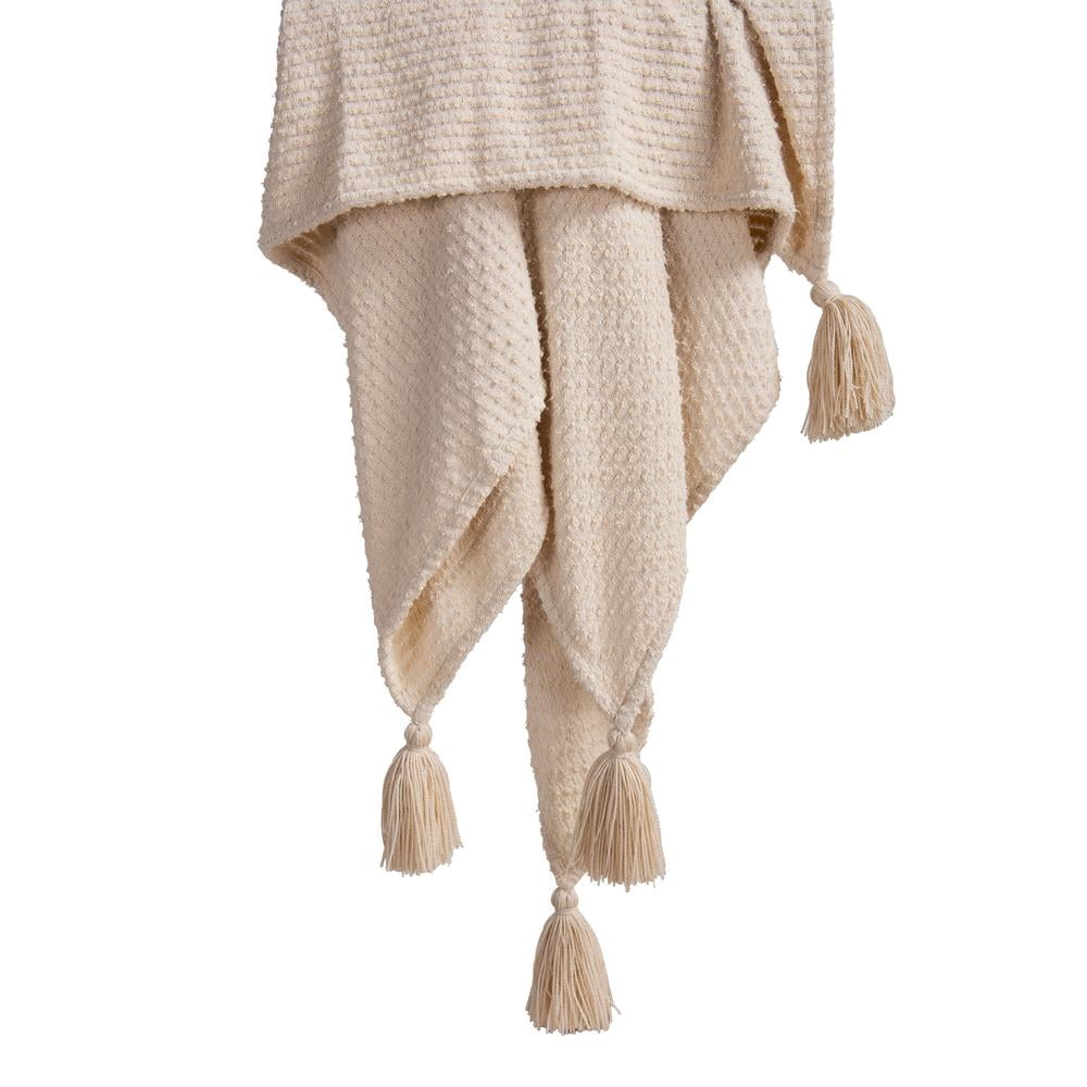 Tan and Beige Reversible Knitted Throw Blanket with Tassels