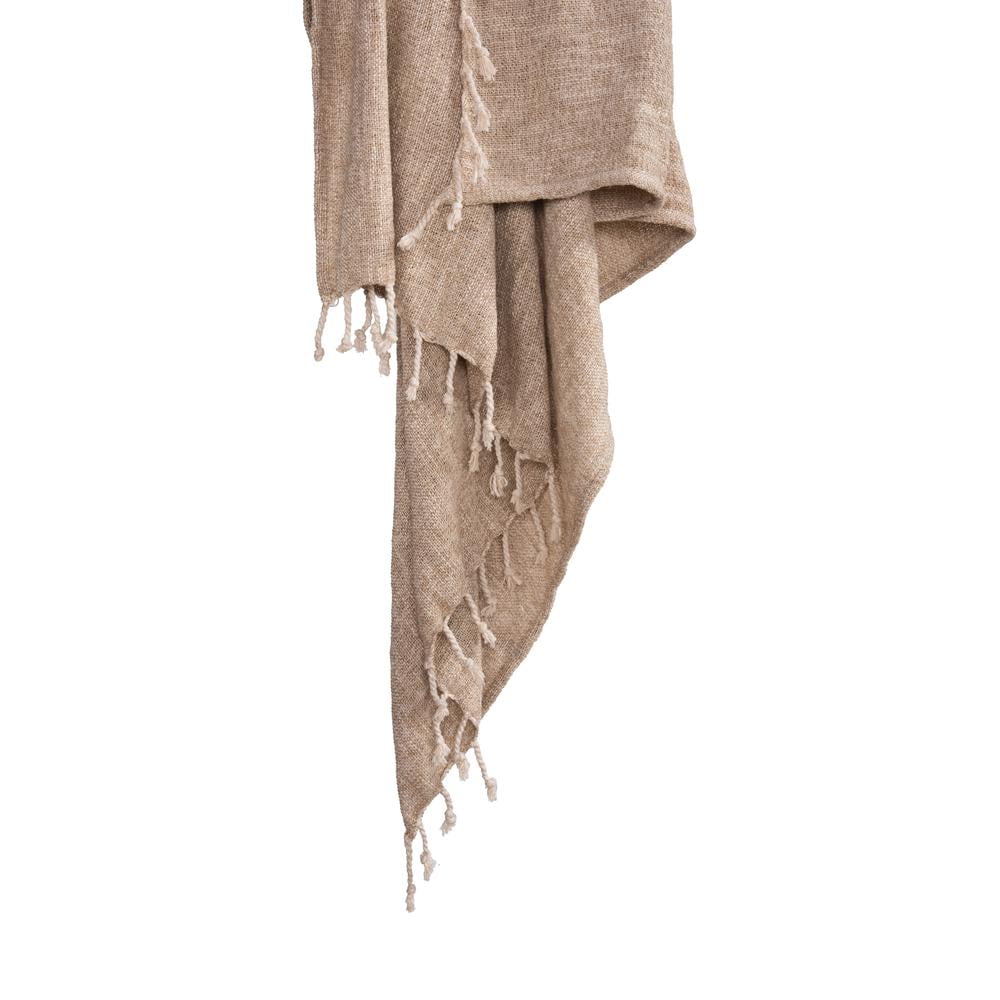 Tan and Beige Reversible Knitted Throw Blanket with Tassels