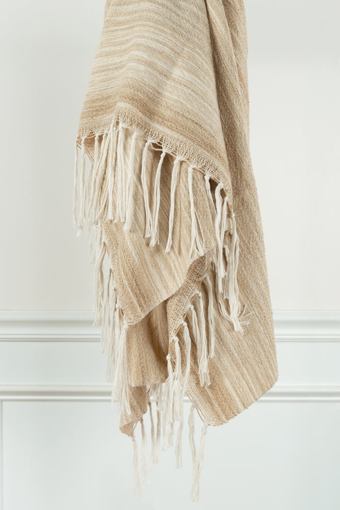 Tan and Beige Reversible Knitted Throw Blanket with Tassels