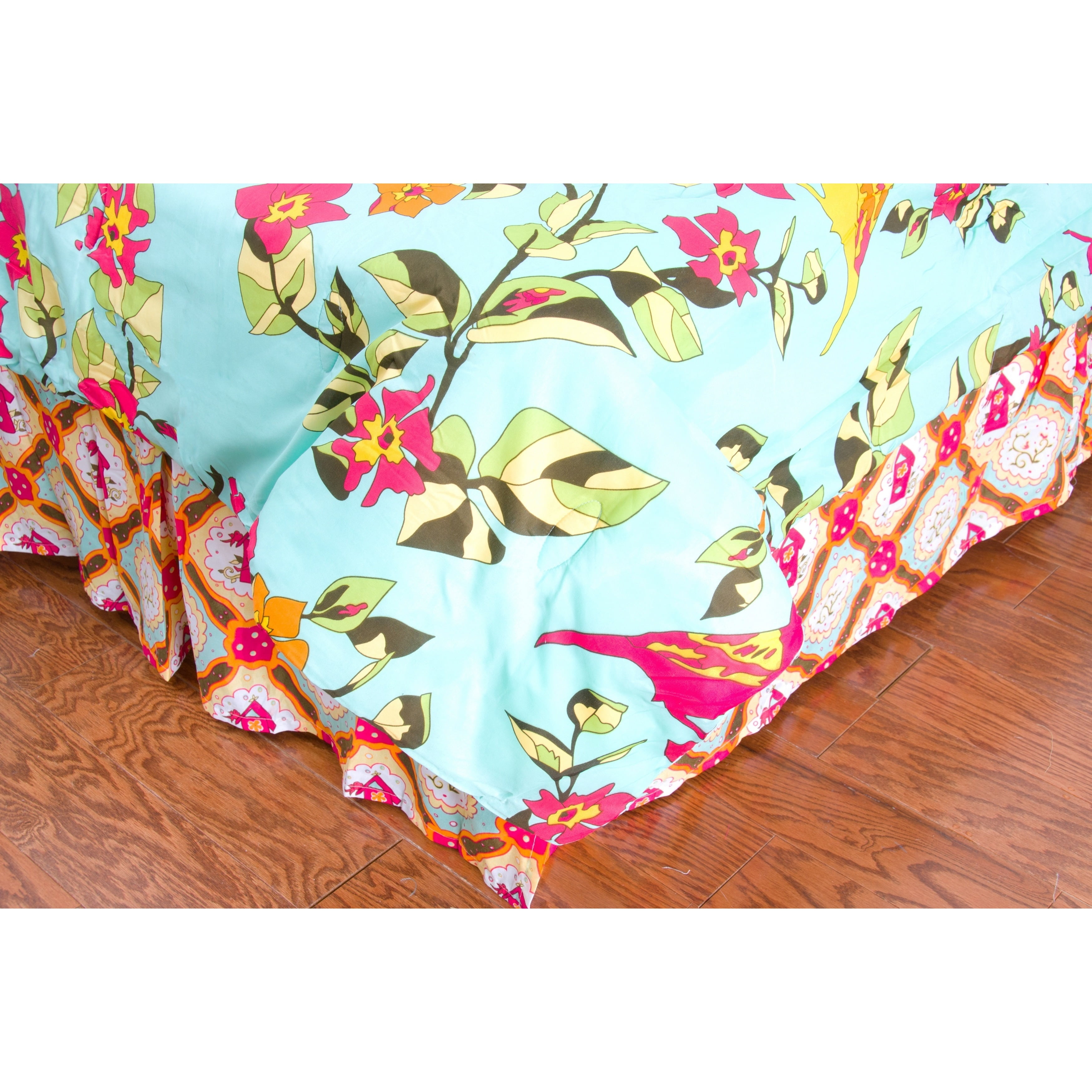 Teal Floral Polyester Twin Bed Skirt