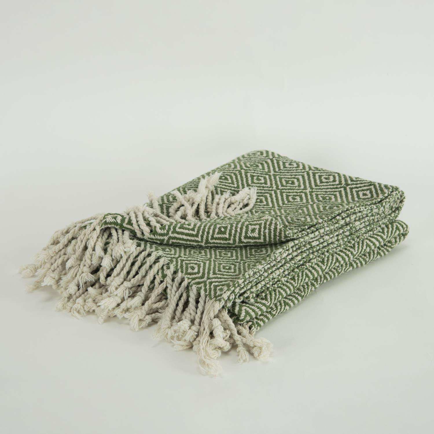 Green and Natural Cotton Geometric Throw Blanket with Fringe