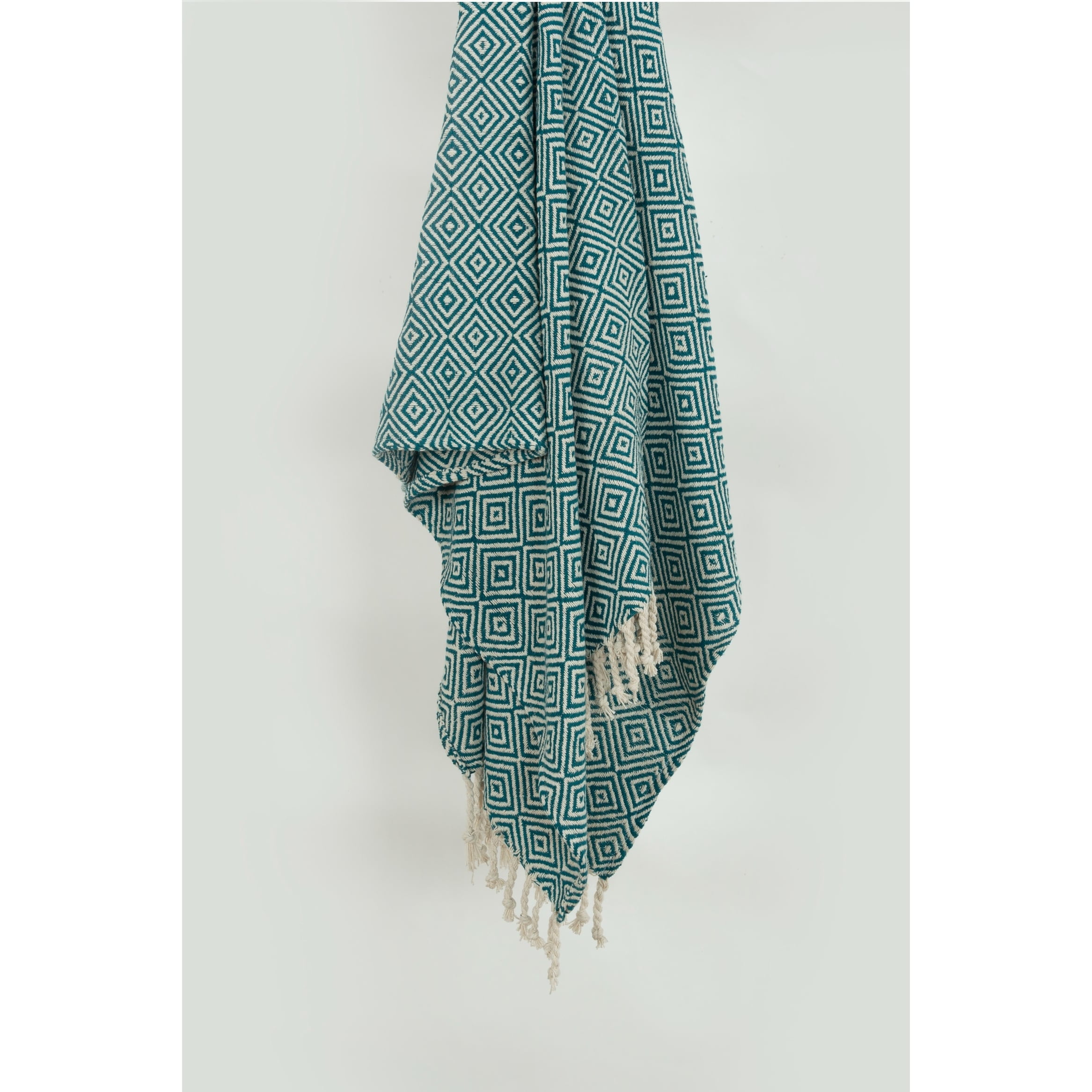 Teal and Natural Cotton Geometric Throw Blanket with Fringed Edge